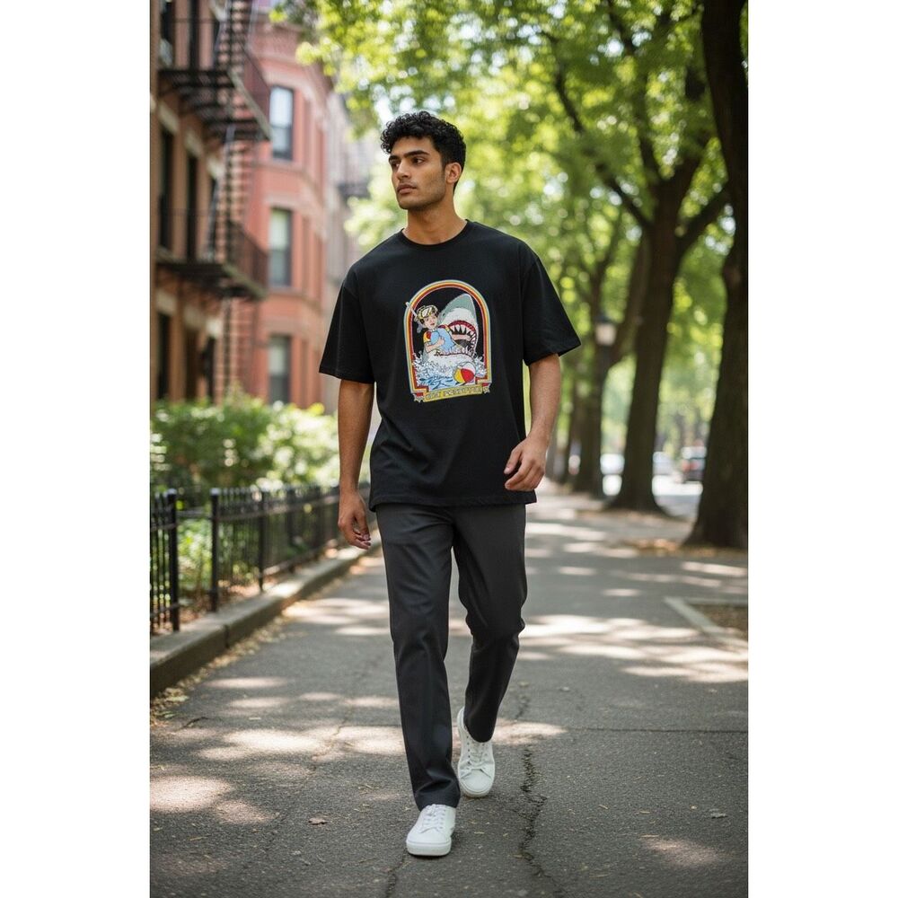 Funny Shark “Stay Positive” Graphic T-Shirt Black XL Snorkeling Humor Tee